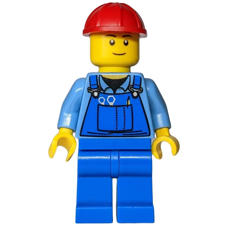 Construction Worker, Blue Overalls over Medium Blue Shirt, Red Hard Hat