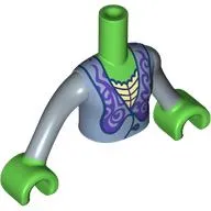 Minidoll Torso with Sand Blue Dress, Dark Purple Decorations, Dark Blue Trim, Tan Shirt print, Sand Blue Arms, Bright Green Hands