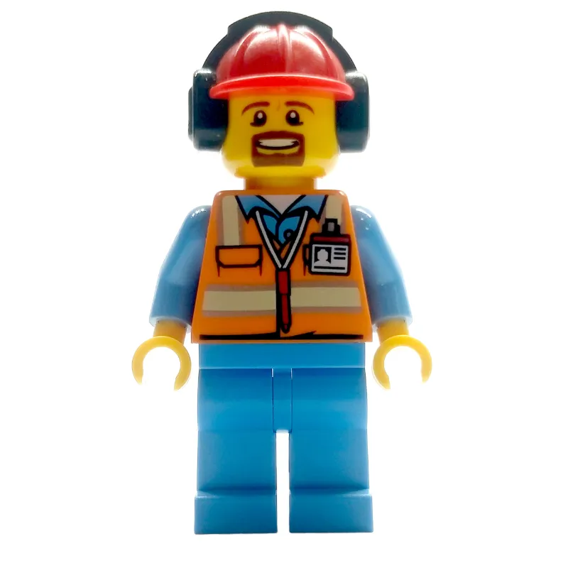 Ground Crew, Orange Safety Vest, Medium Blue Legs, Red Hard Hat with Ear Defenders, Goatee Beard