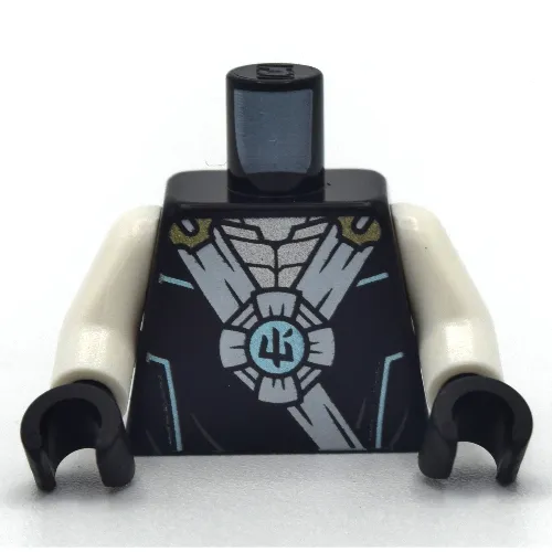 Torso Robe, White Trim, Asian Symbol on Medium Blue Circle, Silver Armor Print, White Arms, Black Hands