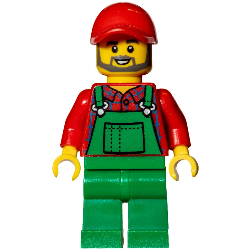 Man, Green Overalls over Red Shirt, Red Cap, Beard