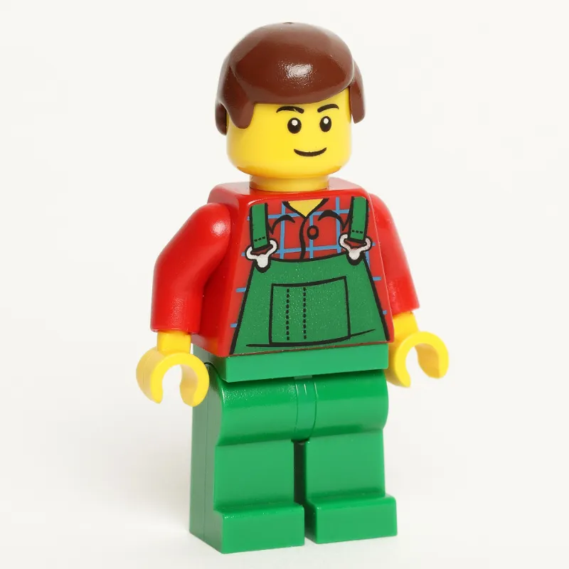 Man, Green Overalls over Red Shirt, Reddish Brown Hair, Black Eyebrows