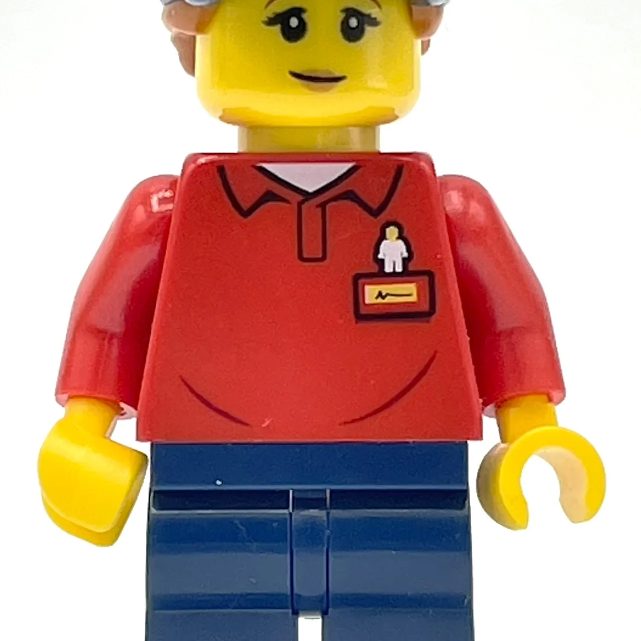 LEGOLAND Employee, Red Torso, Dark Blue Legs, Dark Blue Cap, Reddish Brown Hair