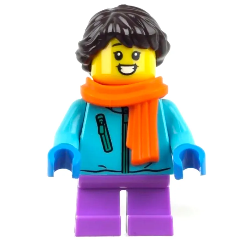 Girl, Medium Azure Jacket, Medium Lavender Legs, Orange Scarf, Dark Brown Hair