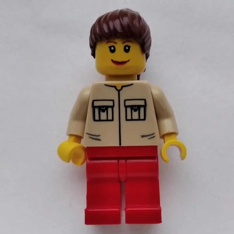 Woman, Tan Shirt with Two Pockets, Red Legs, Reddish Brown Hair