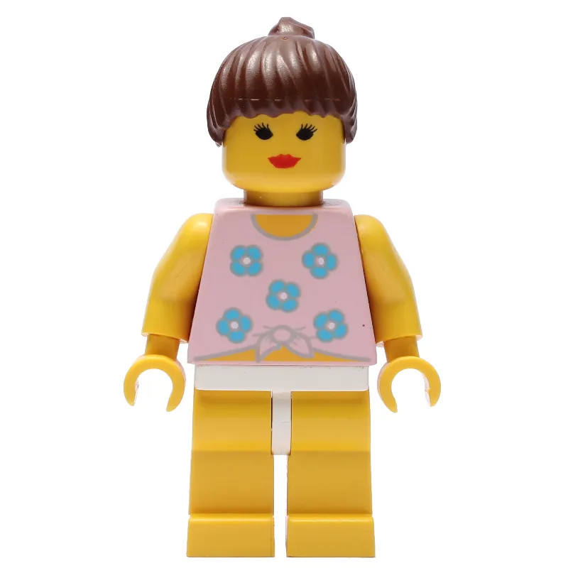 Woman, Tied Pink Tank Top with Flowers, Yellow Legs, Brown Hair