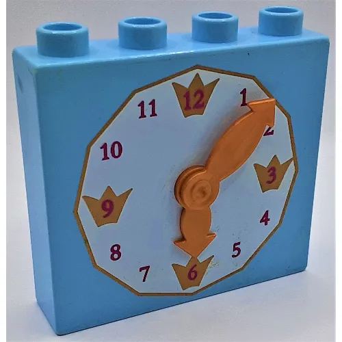 Duplo Brick 1 x 4 x 3 with Movable Gold Hands and White Clock Face Print
