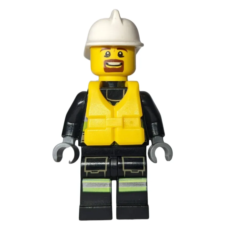 Fireman, Safety Vest with Flashlight, Pocket, and Belt, White Helmet, Yellow Life Vest, Goatee Beard