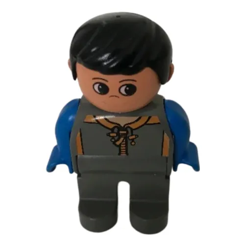 Duplo Figure, Early, with Short Parted Hair Black, Dark Gray Legs, Blue Arms, Shirt Print