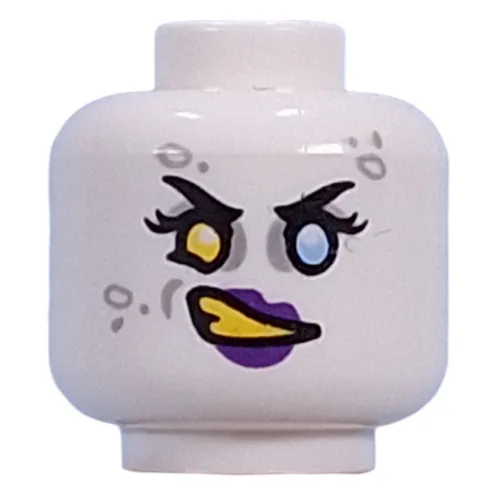 Minifig Head Doey, Yellow Left, Bright Light Blue Right Eye, Light Bluish Grey Eyeshadow, Spots, Dark Purple Lips, Yellow Teeth, Angry Grin/Smile