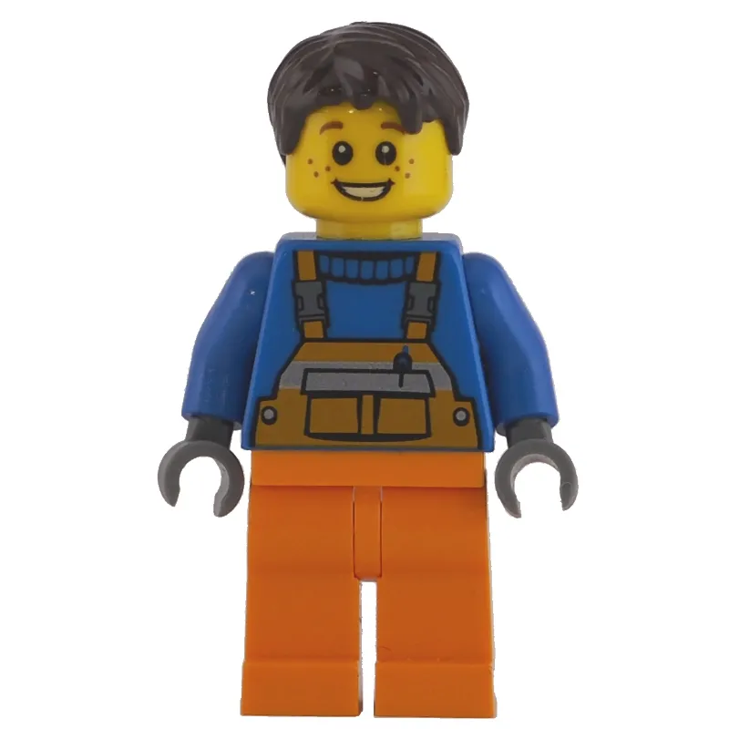 Worker - Blue Torso, Orange Overall, Dark Brown Hair