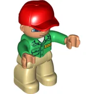 Duplo Figure with Cap Red, with Green Long Sleeve Shirt with 'ZOO' on Front and Back - Tan Legs