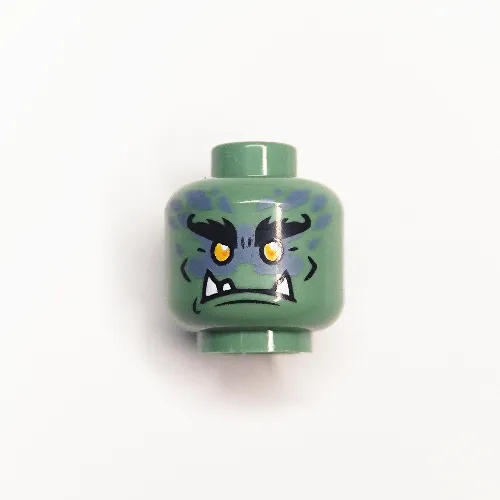 Minifig Head Murt / Moe, Bushy Eyebrows, Yellow Eyes, 3 Pointed Teeth, and Sand Blue Spots on Back Print