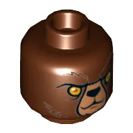 Minifig Head Bulkar, Dual Sided, Bear, Yellow Eyes, Dark Brown Fur, Stern / Raised Eyebrow Print [Hollow Stud]