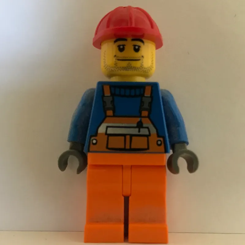 Construction Worker, Orange Overalls over Blue Sweater, Red Hard Hat, Stubble