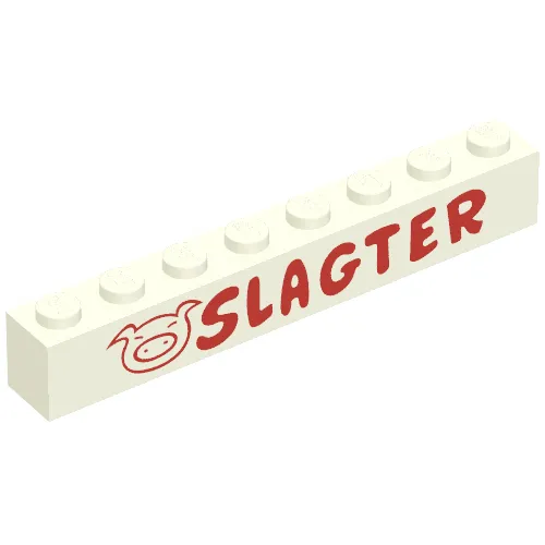 Brick 1 x 8 without Bottom Tubes with Cross Side Supports with 'Slagter' and Pig Face Red Print