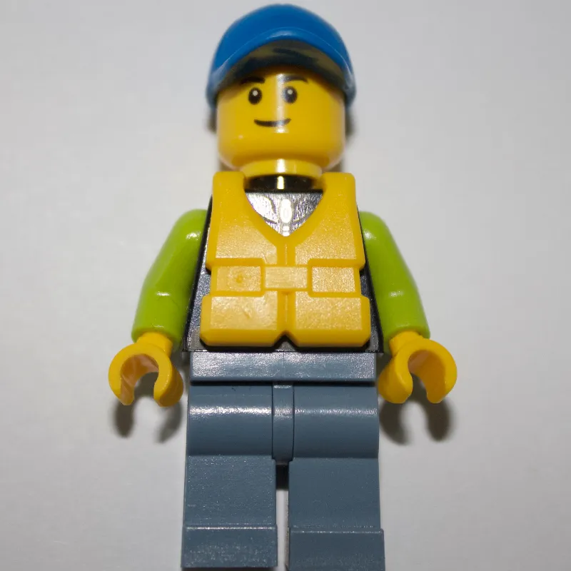 Man, Black and Lime Jacket, Blue Cap, Yellow Life Vest