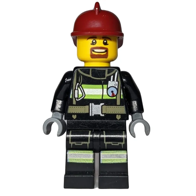 Firefighter, Black Fire Jacket with Straps and Gauge, Dark Red Helmet, Goatee Beard