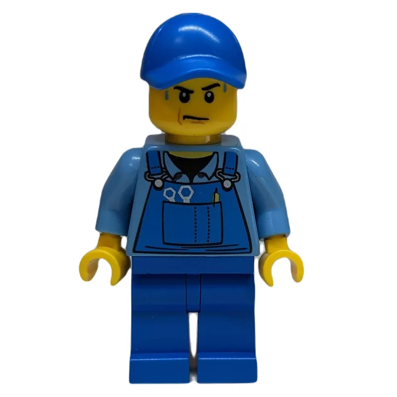 Man, Blue Overalls over Shirt, Blue Legs, Black Cap, Sweat Drops