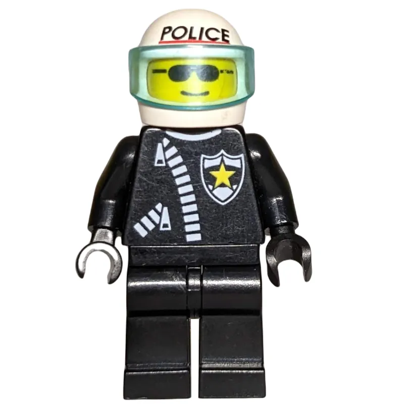 Policeman, Black Jacket with Zipper and Badge, White Helmet with Visor, Sunglasses