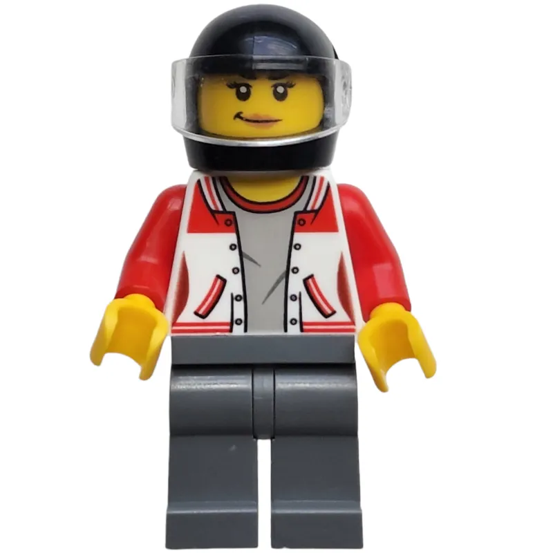 Woman, Red and White Letterman Jacket, Dark Bluish Gray Legs, Black Helmet with Visor