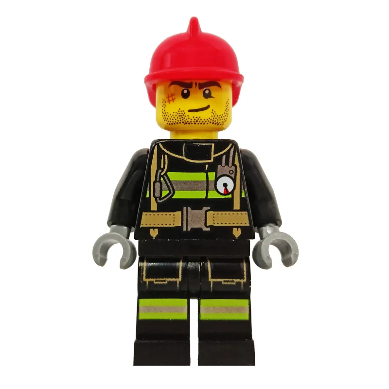 Fireman, Black Fire Suit with Gauge and Straps, Red Helmet, Stubble and Scar