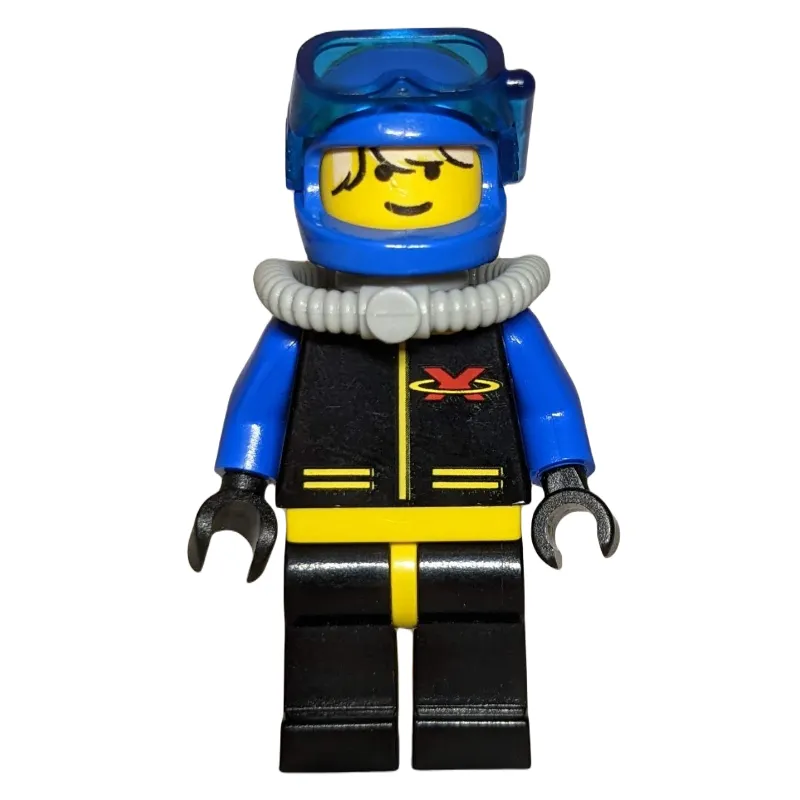 Diver, Man, Black, Yellow, and Blue Wetsuit with Extreme Team Logo, Blue Helmet with Mask, Airtank