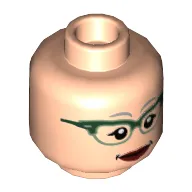 Minifig Head Nancy G. Roman, Dual Sided Female Glasses with Dark Green Frames, Open / Closed Smile Print