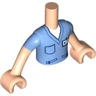 Minidoll Torso Boy with Medium Blue V-Neck Shirt, Dark Blue Trim, Pocket, Zippers, ID Badge Print, Light Nougat Arms and Hands