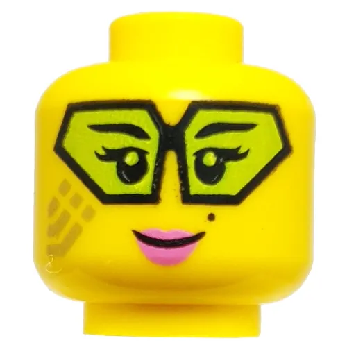 Minifig Head Dr. LaRow, Gold Circuitry, Lime Hexagonal Glasses, Pink Lips, Smile/Snarl