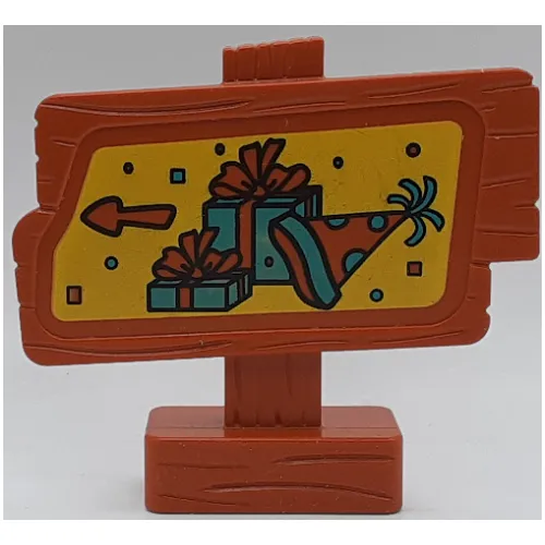 Duplo Sign, Wood Grain with Two Gifts / Presents, Party Hat, and Arrow Print