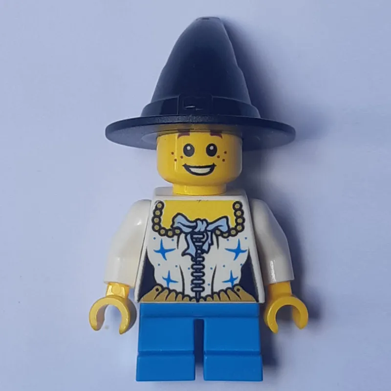 Girl, White Corset with Stars, Short Dark Azure Legs, Black Witch Hat