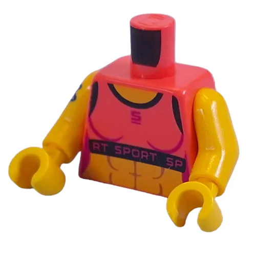 Torso, Coral Top, Magenta 'RT SPORT RT', Arm Tattoos Print, Yellow Arms and Hands