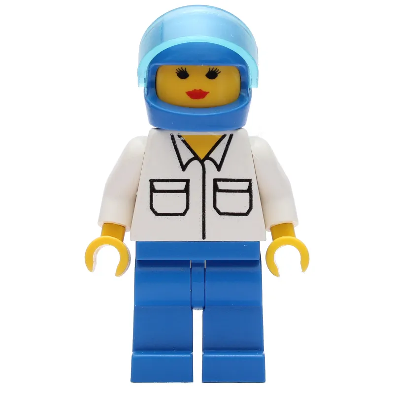 Woman, White Shirt with Pockets, Blue Legs, Blue Helmet with Visor