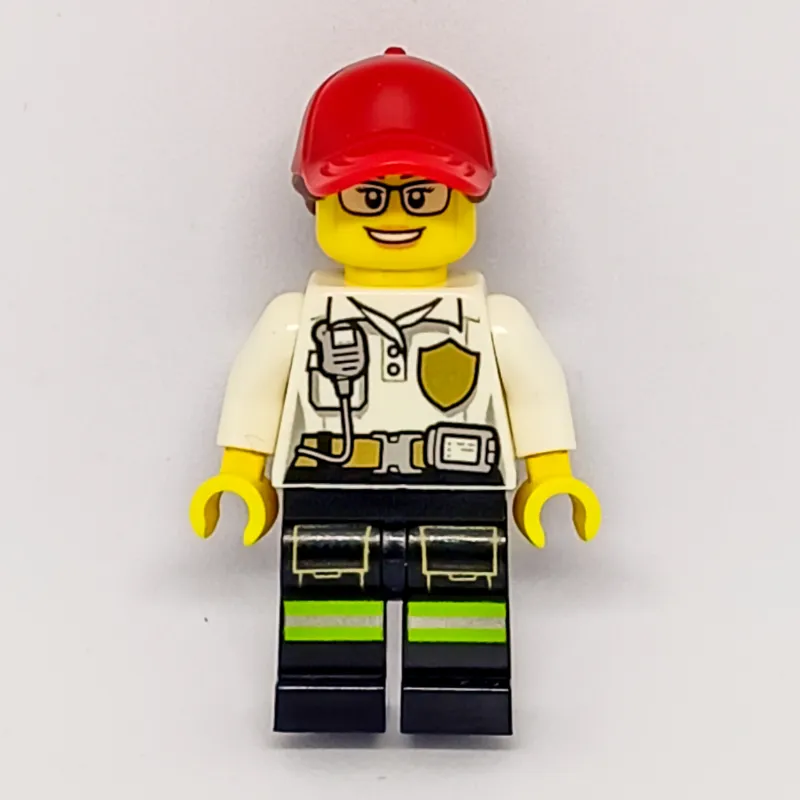 Firewoman, White Polo Shirt with Radio and Badge, Red Cap with Hair, Glasses
