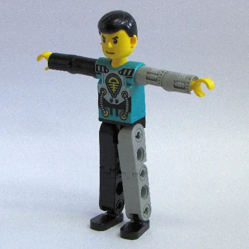 Technic Figure Black/Light Gray Legs, Dark Turquoise Torso with Yellow, Black, Silver Print, Light Gray Mechanical Left Arm