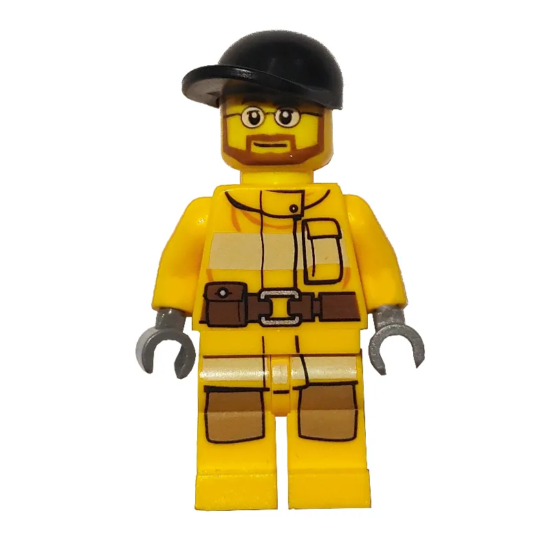 Fireman, Bright Light Orange Fire Suit, Black Cap, Beard and Glasses