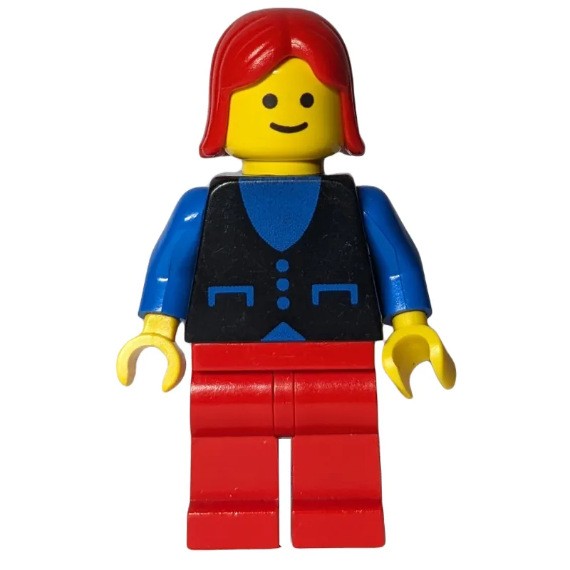 Woman, Black Vest over Blue Top, Red Legs, Red Hair