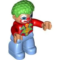 Duplo Figure with Clown Hair Green, with Painted Face, Notched Lapels, and Medium Blue Legs