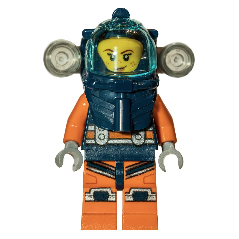 Diver, Woman, Dark Blue and Orange Wetsuit, Dark Blue Diving Helmet with Flashlights and Visor