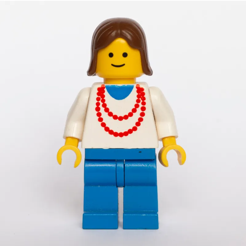 Woman, White Top with Red Necklace, Blue Legs, Brown Hair