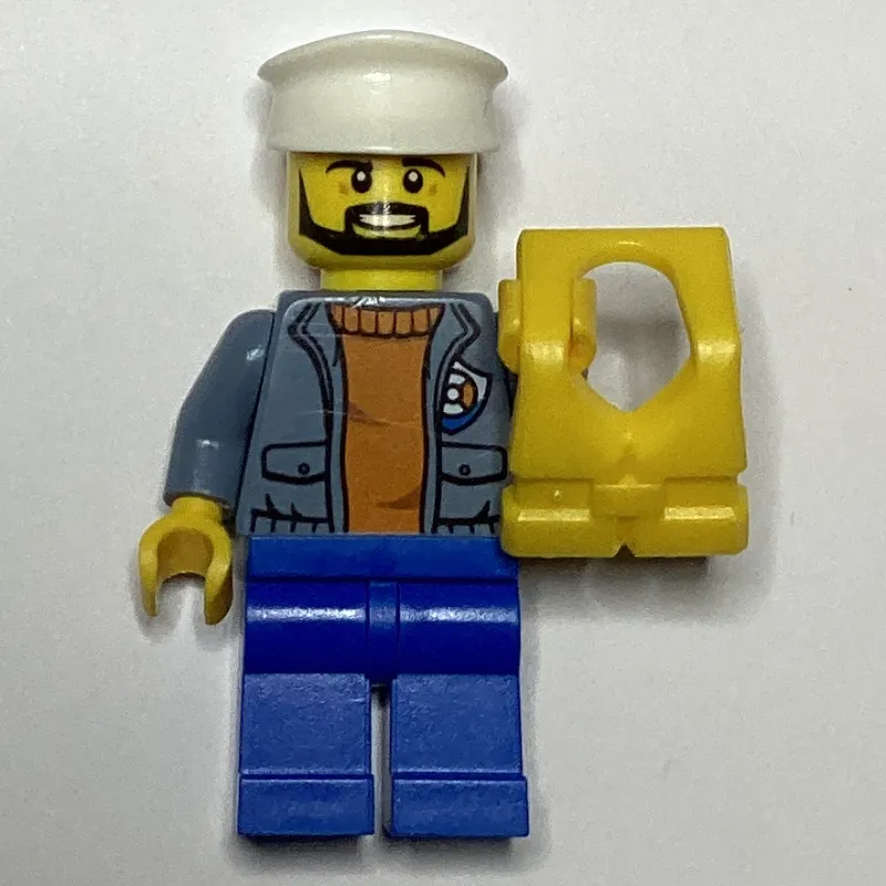 Coast Guard, Open Sand Blue Jacket with Badge over Orange Sweater, White Hat, Yellow Life Vest, Beard