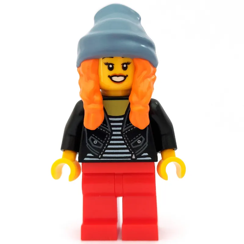 Woman, Open Black Jacket over Black and White Striped Top, Red Legs, Sand Blue Beanie Hat with Hair