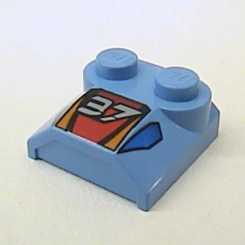 Brick Curved 2 x 2 x 2/3 Two Studs and Lip End with '37' and Red, Orange, and Blue Print