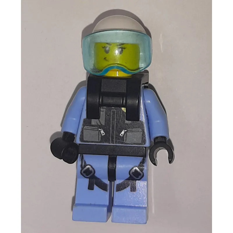 Policewoman, Black Vest with Badge and Pouches over Bright Light Blue Shirt, White Helmet with Visor, Neck Bracket