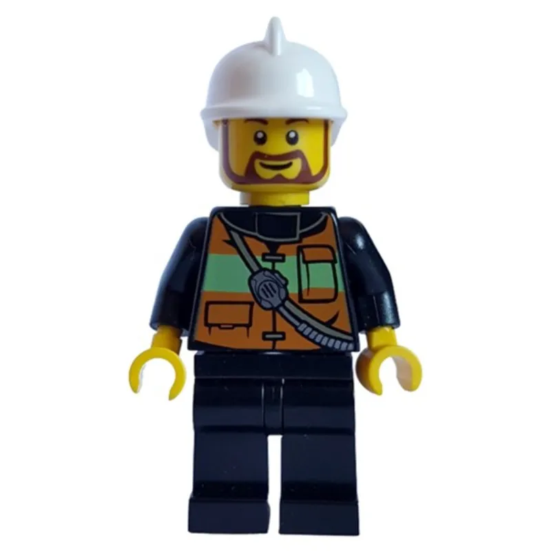 Fireman with Reflective Stripe Vest with Pockets and Radio on Shoulder Strap, White Fire Helmet, and Beard