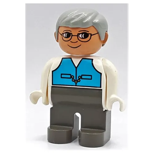 Duplo Figure, Early, with Short Parted Hair Light Gray, Dark Gray Legs, Medium Blue Vest, Glasses Print