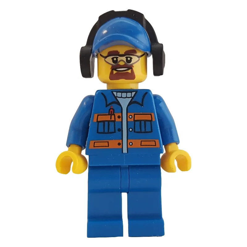 Man, Blue Jacket with Orange Stripes, Blue Legs, Blue Cap, Ear Defenders