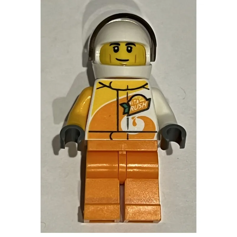 Racer, White and Orange Jumpsuit with 'VITA RUSH', White Helmet with Visor (3626cpr3025 Head)