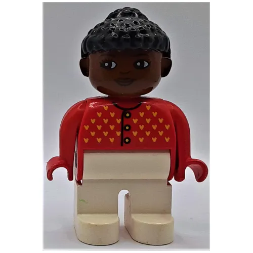 Duplo Figure, Early, Curly Hair with Bun Black, White Legs, Cardigan with Yellow V Stitching and Buttons Print